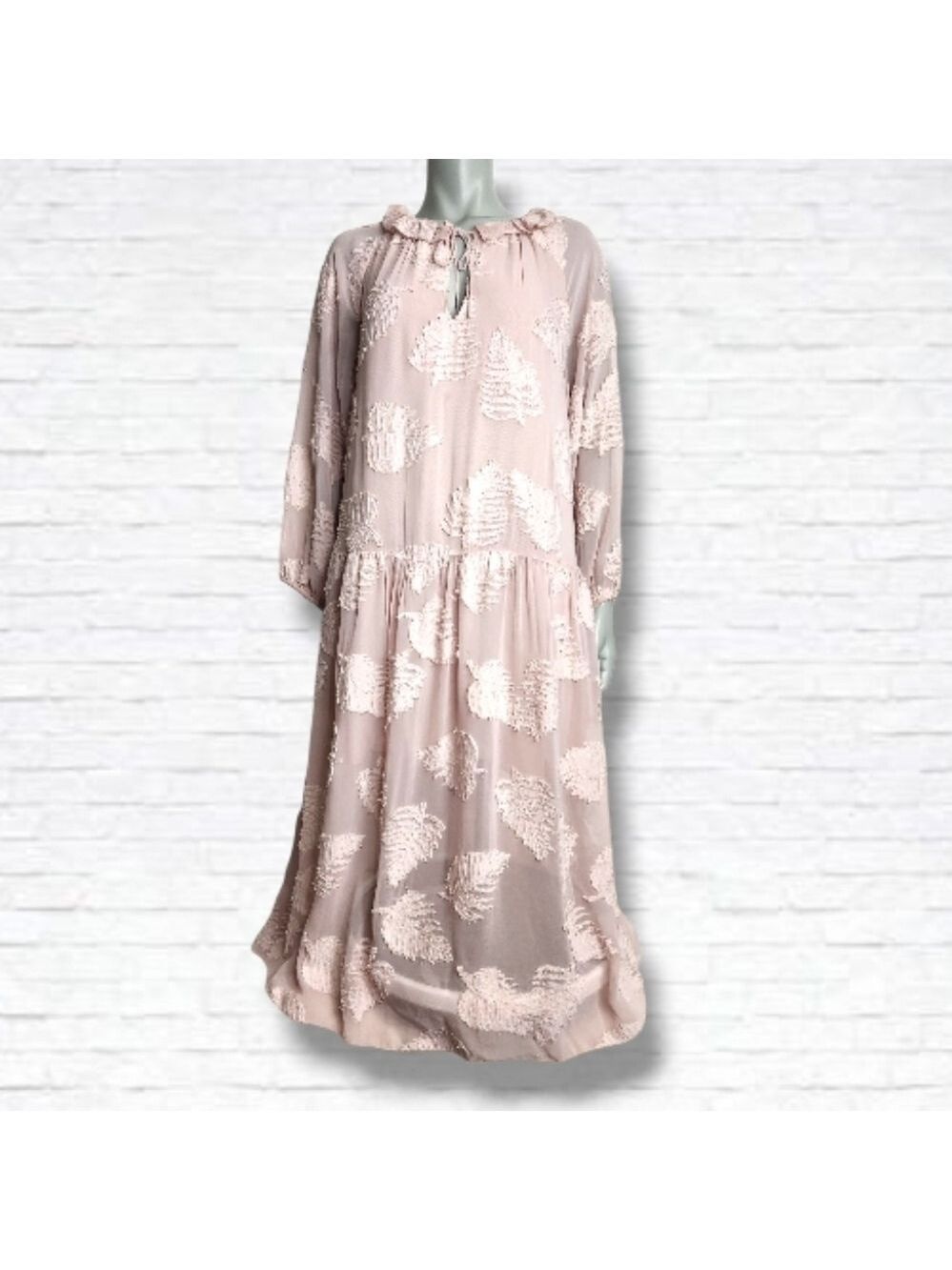 Aritzia Wilfred Sheer Blush Leaf Print Long Sleeve Peasant Maxi Dress Size M